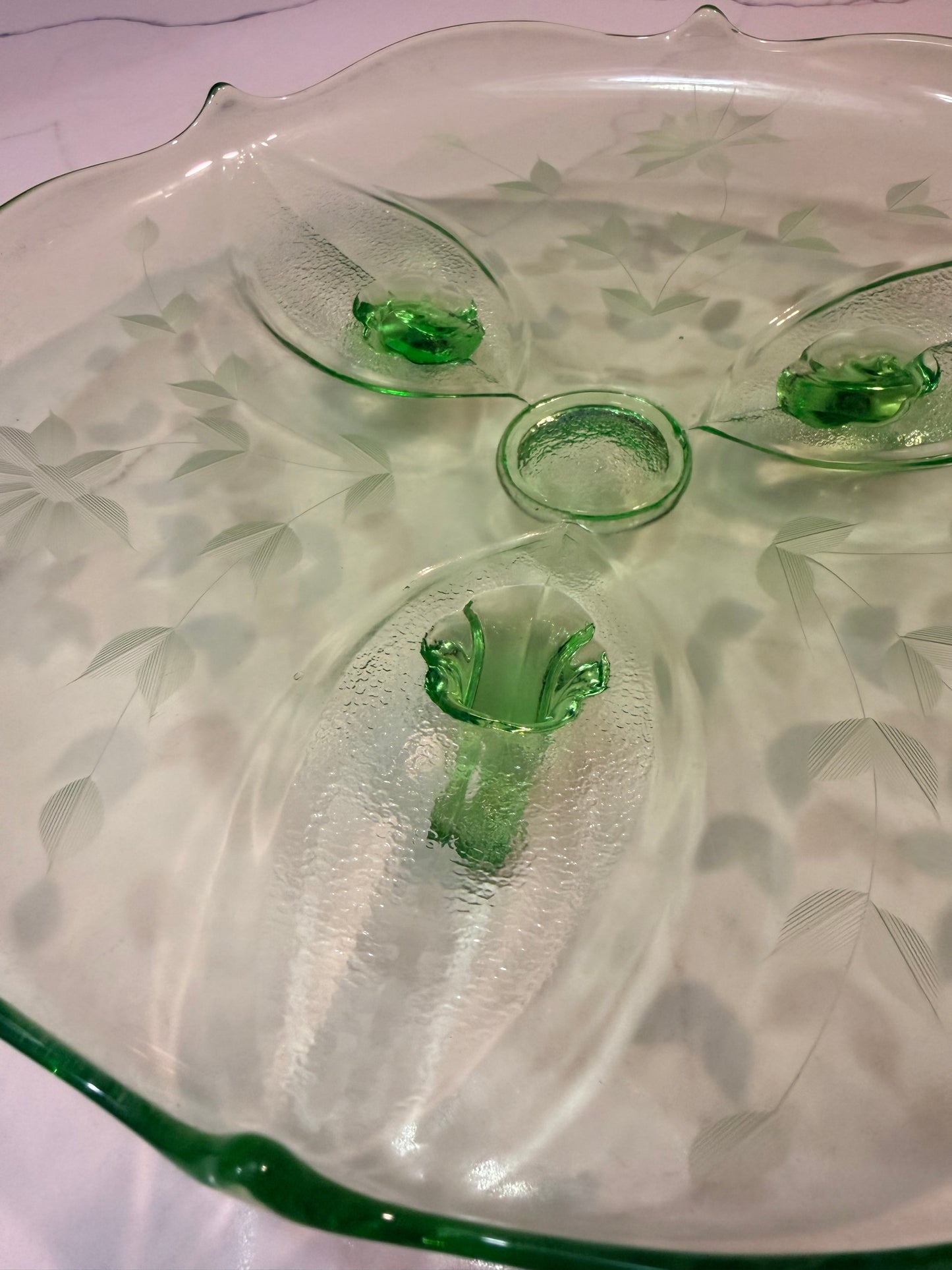 Vintage Uranium Green Depression Glass Cake Plate Stand 10.5"