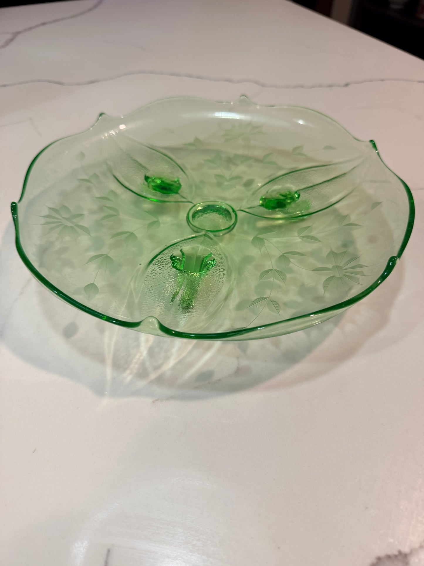 Vintage Uranium Green Depression Glass Cake Plate Stand 10.5"